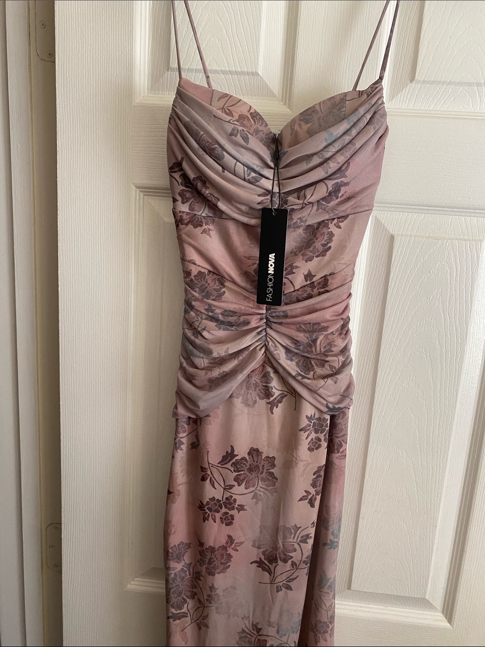 Fashion Nova Mauve Floral Ruched Strapless Slip Dress